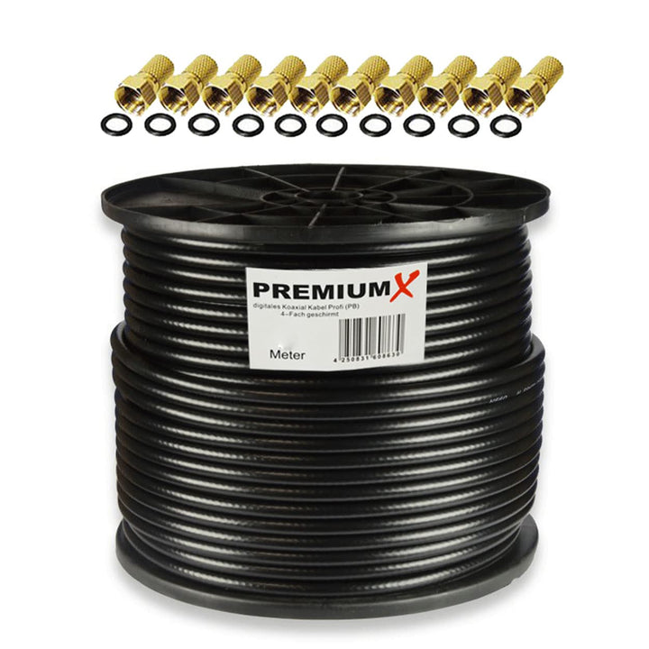 PremiumX 100m Profi Koaxialkabel Schwarz 135dB 4-Fach REINES Kupfer Koax Kabel Satellitenkabel SAT A