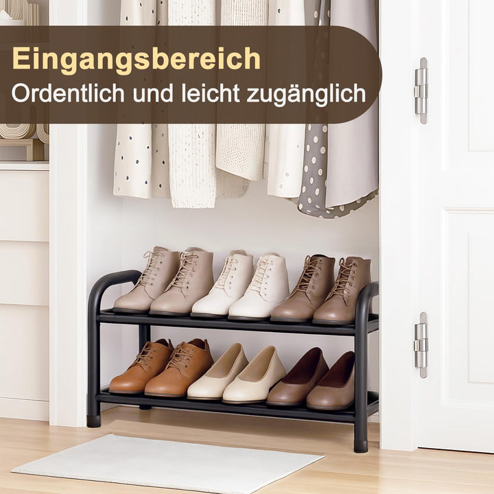 Schuhregal schmal klein ausziehbar 2 Ebenen, Schuhschrank schwarz Metall, Breite 43-78 cm, für Kleid