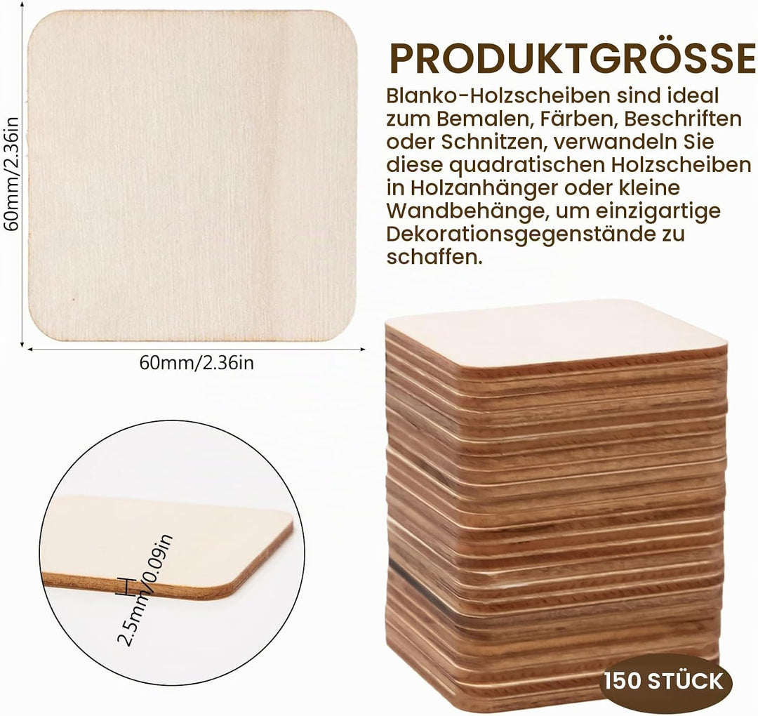 150 Stück Holzscheiben Quadratisch 6x6cm Bastelholz Platten Quadratisch Holzplatten zum Basteln 2,5m