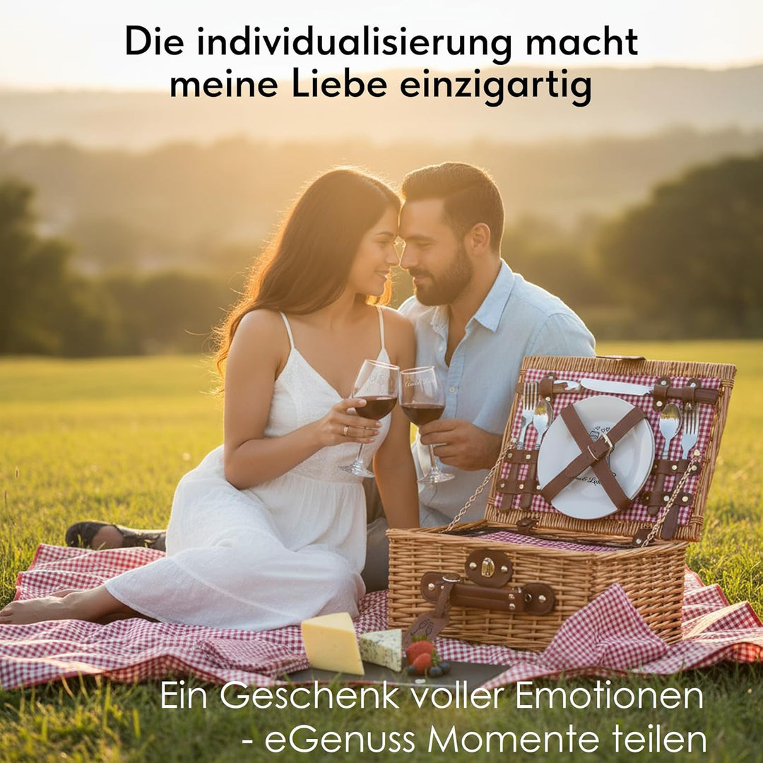 Personalisierter Picknickkorb für 2–4 Personen – Weide + Futterstoff (Rot/Blau/Grün) – Gravur auf Kö
