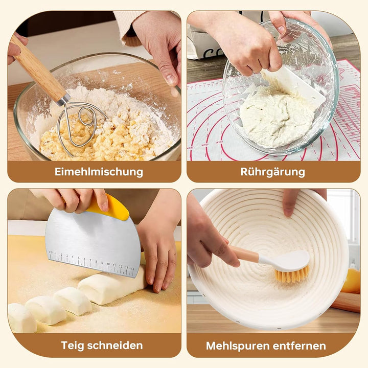 10-teilig Gärkorb Brot Set, 23cm Gärkörbchen zum Brotbacken, Sauerteig Starter Set, Brot Backen Zube