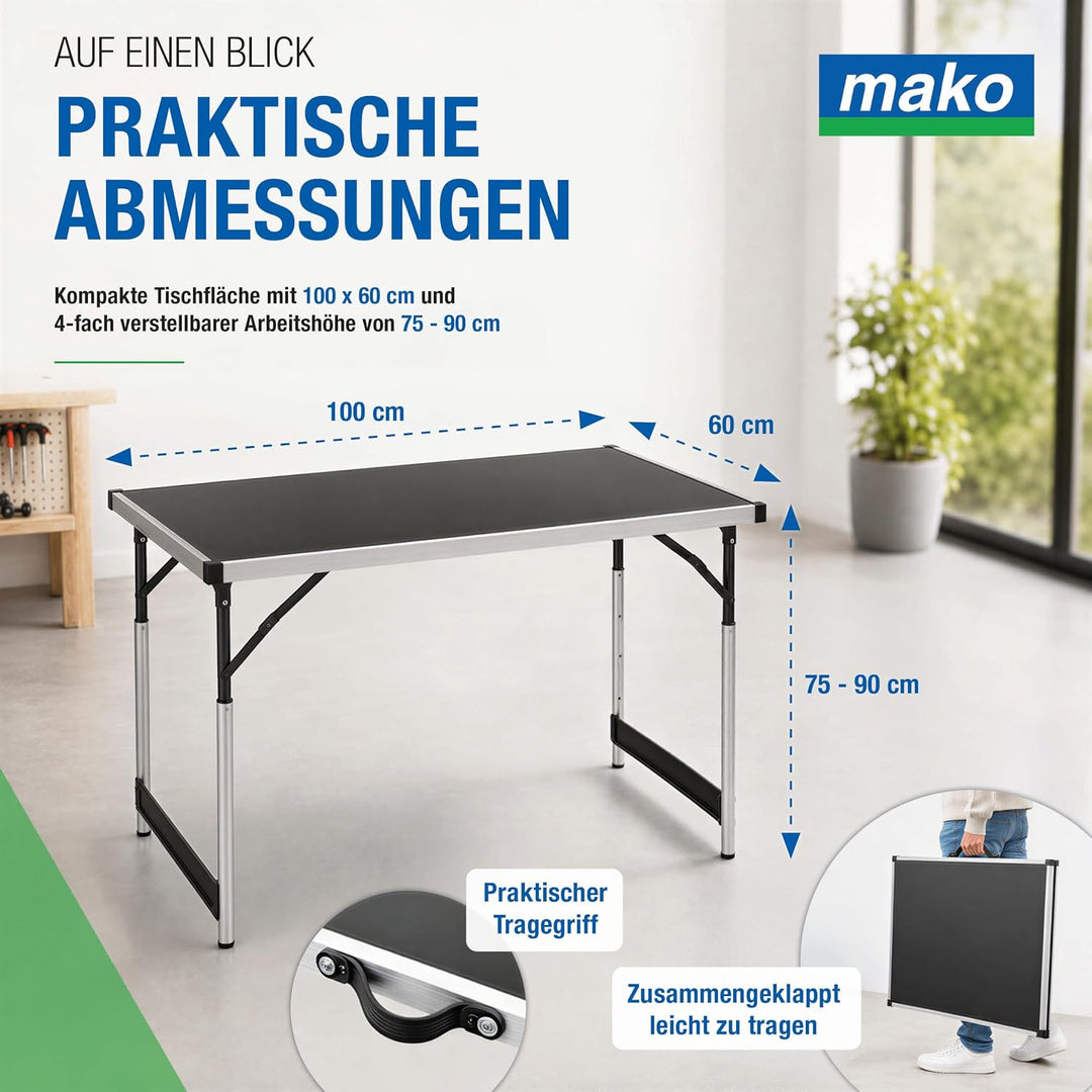 mako Multifunktionstisch Profi – Höhenverstellbarer Mehrzwecktisch 60 x 100 cm - Campingtisch, Klapp