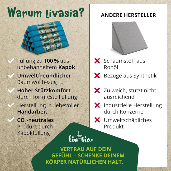 livasia Rückenstützkissen extrahoch mit Thaiseide - 38x55x35cm - Dreieckskissen für Garten/Balkon, K