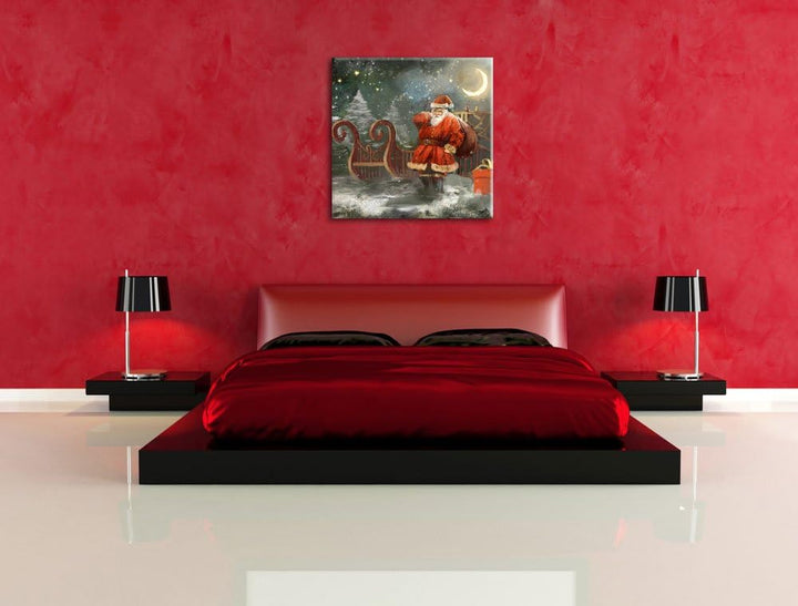 Pixxprint der erschöpfte Weihnachtsmann mit Geschenken, Format: 70x70 auf Leinwand, 70x70