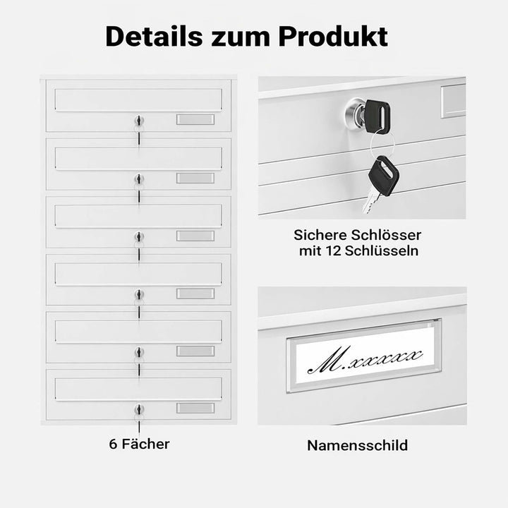 Wiltec 6er Briefkastenanlage weiss 270 x 513 x 1500 mm, Standbriefkasten mit 6 Fächern, Schlüssel un
