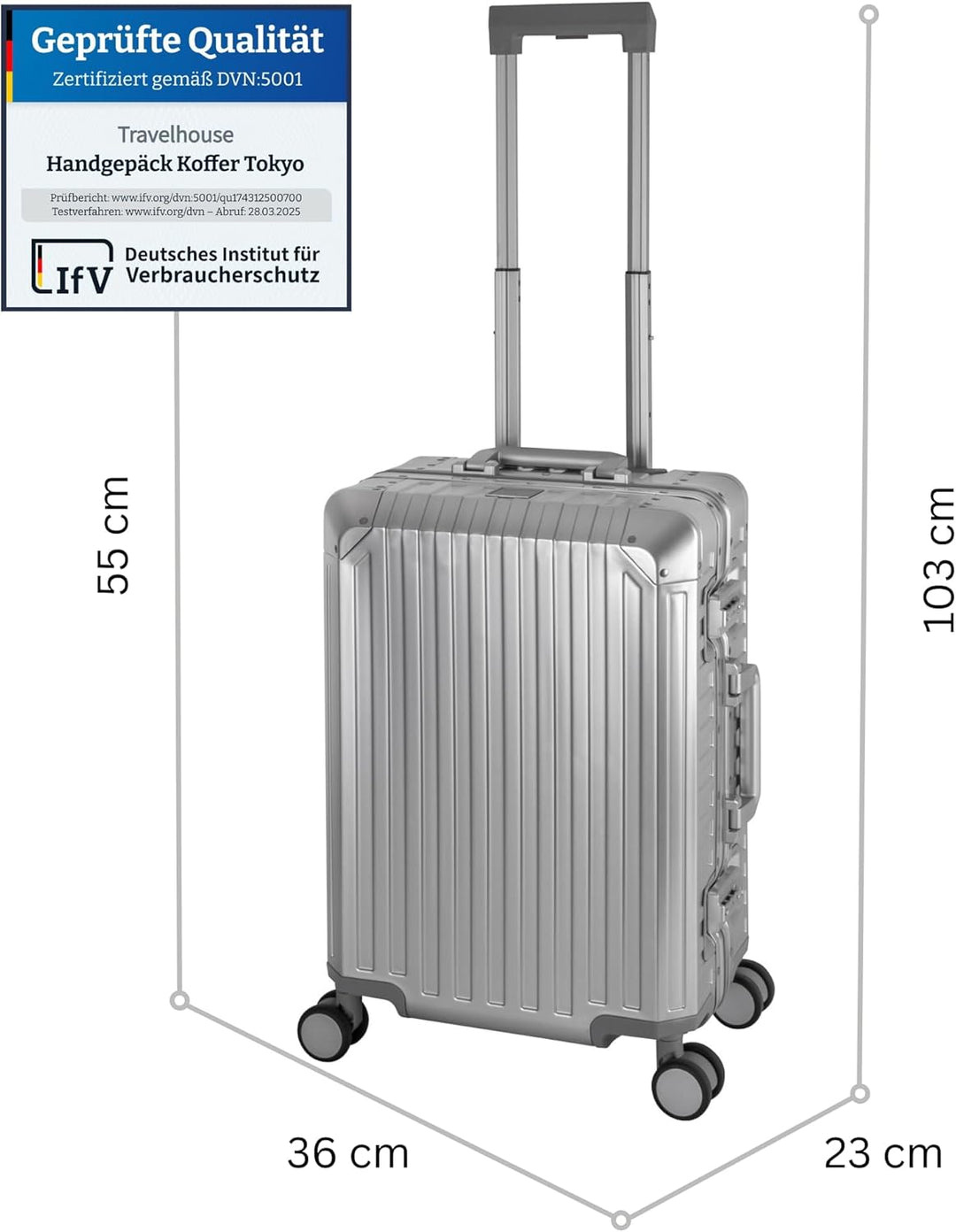 Travelhouse 100% Aluminium Handgepäck Koffer Tokyo 55cm- Mit 2X TSA und 4 Silent Move Doppelrollen V