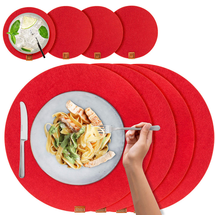 MIQIO® Design Runde Tischsets aus Filz abwaschbar | Mit Marken Echtleder Label und Glasuntersetzer |