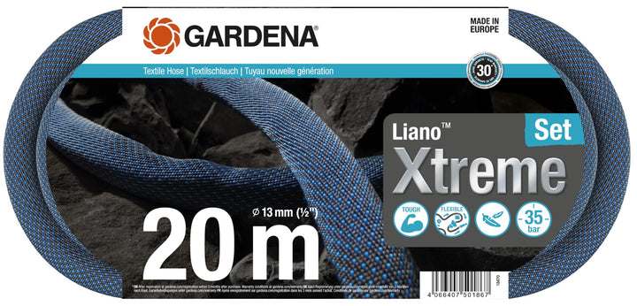 Gardena Liano Xtreme 1/2 Zoll, 20m Set: Extrem robuster Gartenschlauch aus Textilgewebe, mit PVC-Inn
