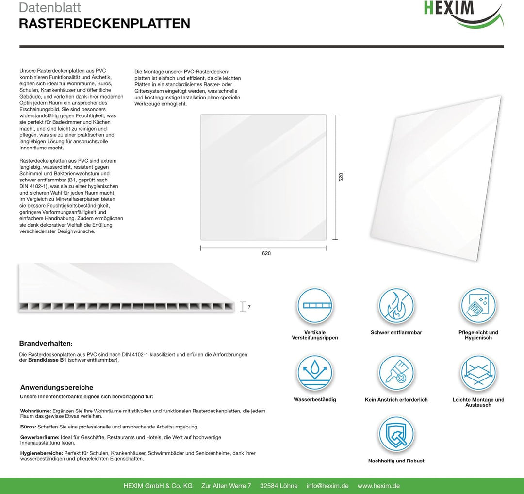 HEXIM Rasterdeckenplatte 62x62cm (20 Platten) Kunststoff Deckenplatte weiss glanz schwer entflammbar