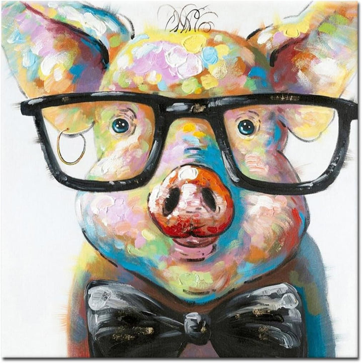 Fokenzary handbemalt Cute Pig mit Brille Pop Art Wand Leinwand Gemälde gerahmt fertig zum Aufhngen 1