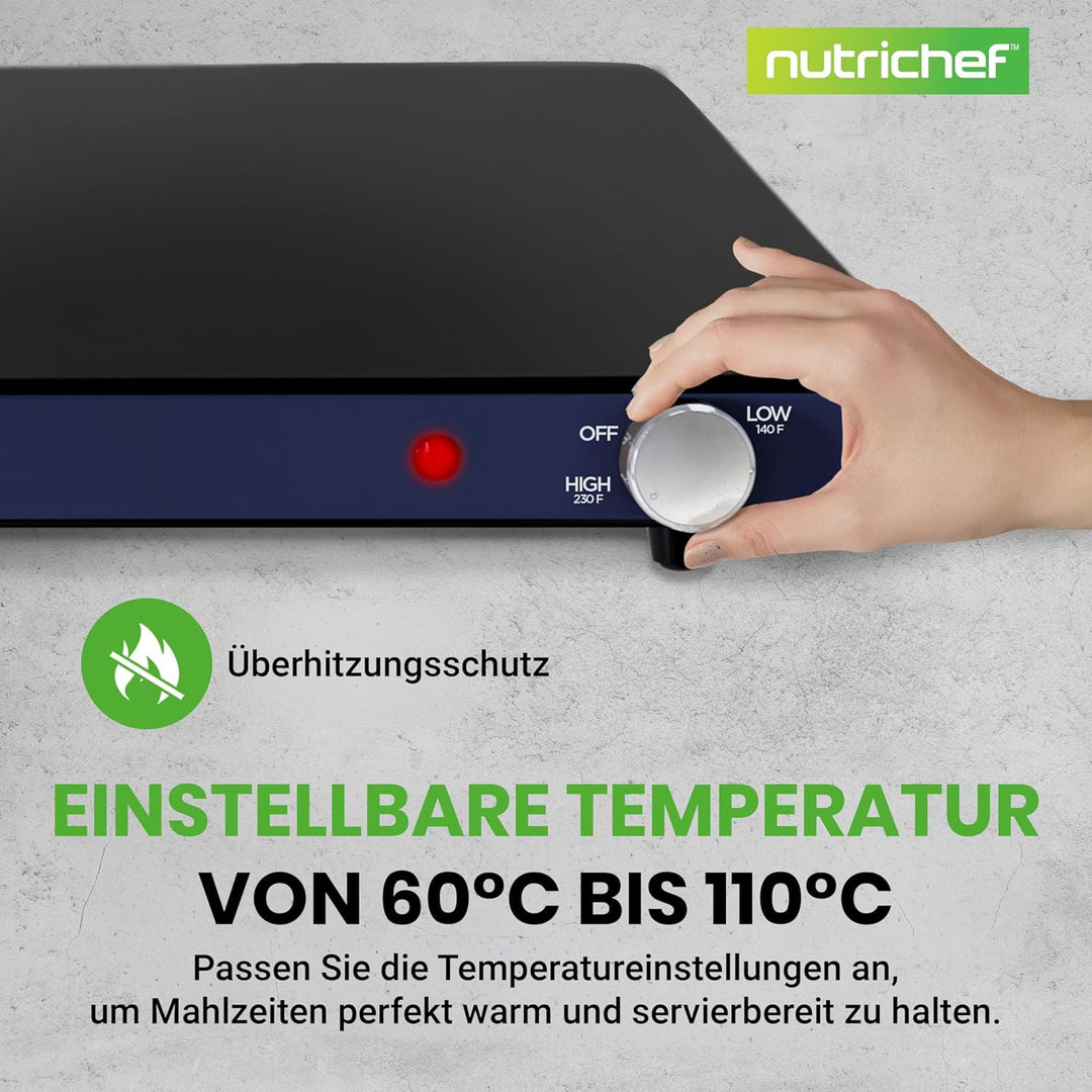 NutriChef Kochplatte elektrisch – Warmhalteplatte 54×42cm mit Temperaturregelung 60–110°C, 180W Warm