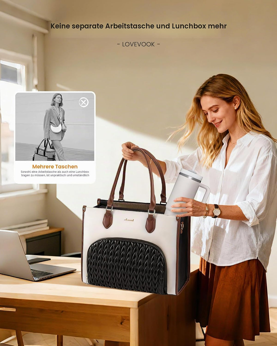 LOVEVOOK Arbeitstasche Damen mit Isolierted Kühlfach, Handtasche mittelgross, 15,6 Zoll Laptoptasche