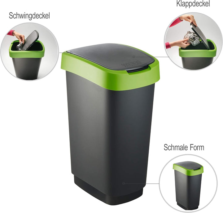 Rotho Twist Mülleimer 50l mit Deckel, als Schwing oder Klappdeckel nutzbar, Kunststoff (PP) BPA-frei