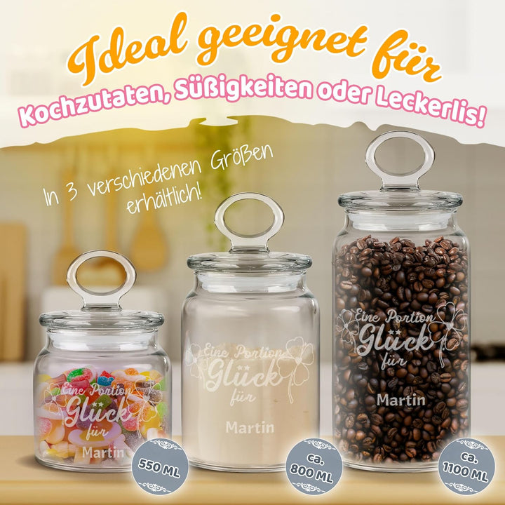 Print Royal PR Personalisierte Keksdose aus Glas mit Gravur - 1100 ml - Eine Portion Glück mit Name