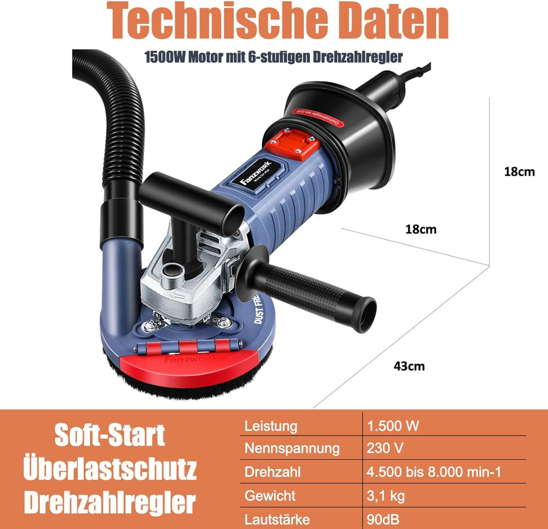 FANZWORK 1500W Betonschleifer Betonfräse Set, Drehzahlregelbar, inkl. Premium 125mm Diamantschleifto