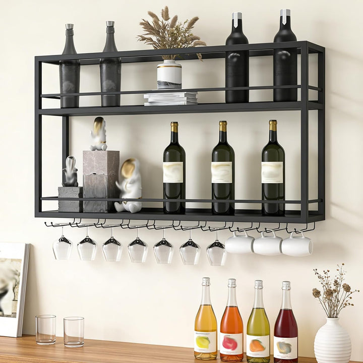 Industriell Wandmontierte Weinregal mit Glashalter, Schwarz Metallflaschenhalter Multi funktionaler