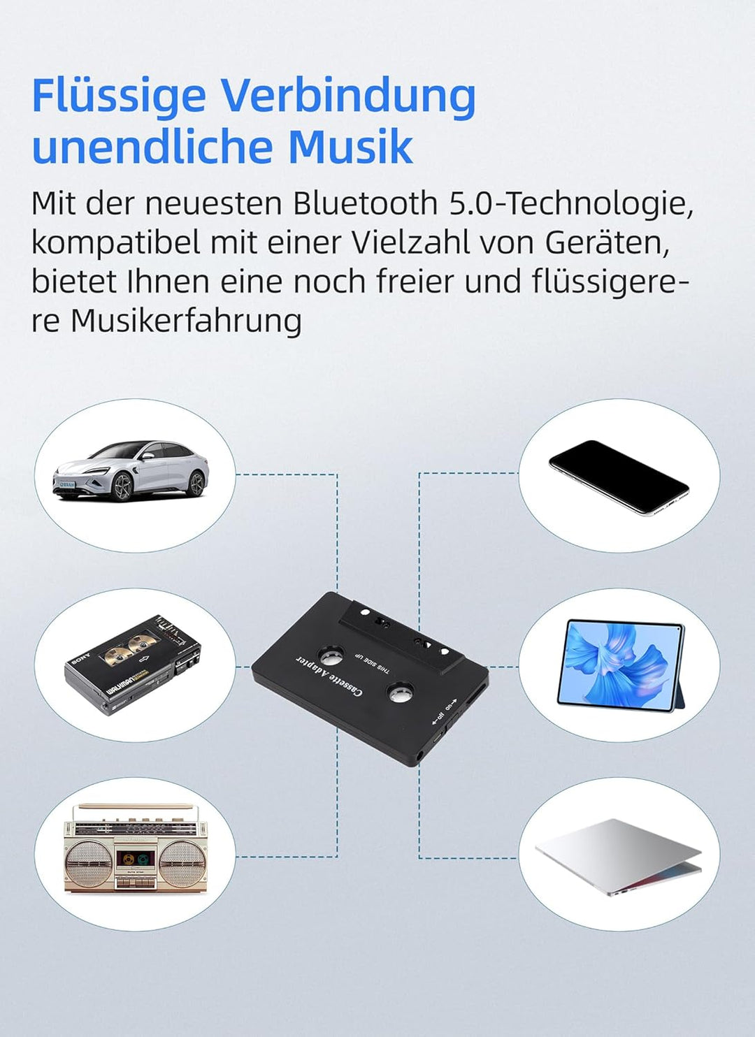 Bewinner Auto Audio Bluetooth Kassettenadapter, Rauschunterdrückung, Stereo High Fidelity Band Aux E