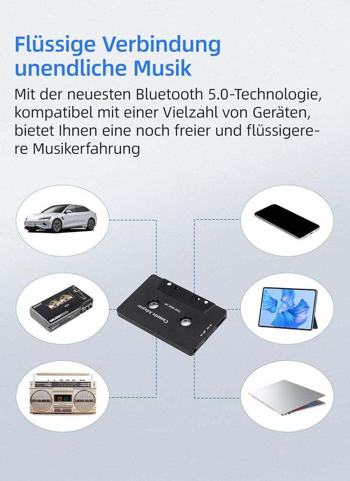 Bewinner Auto Audio Bluetooth Kassettenadapter, Rauschunterdrückung, Stereo High Fidelity Band Aux E