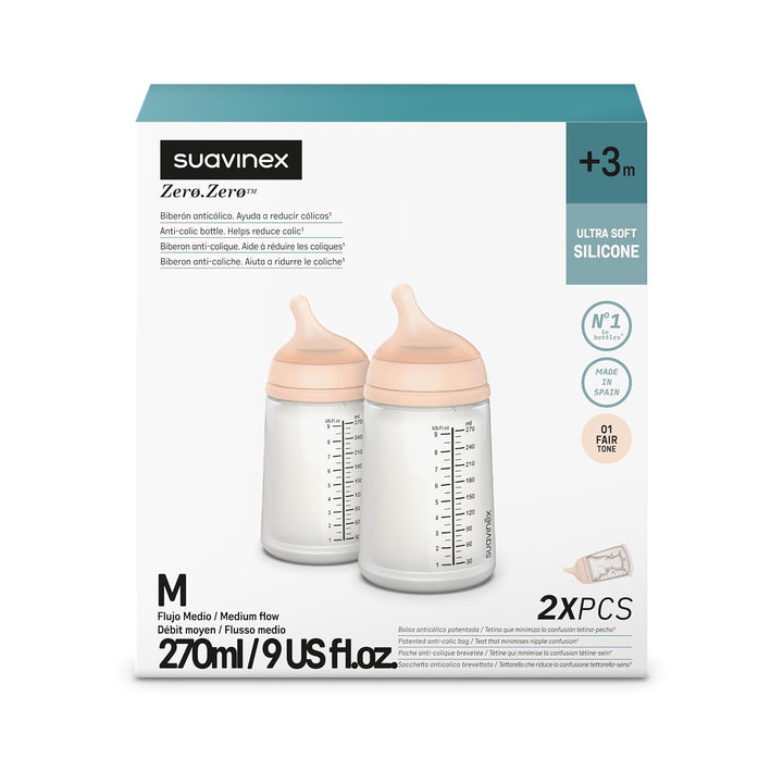 Suavinex, 2er Pack Anti-Colic Babyflasche Zero Zero,mit mittlerem Silikonsauger (M), für Babys ab 3