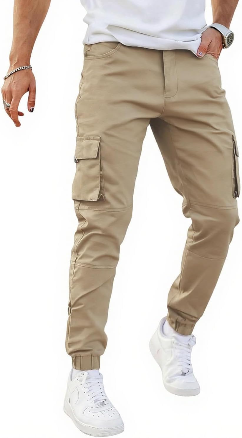 GINGTTO Herren Cargo Hose Stretch Jogginghose für Männer Casual Slim Fit Cargohose Herren Hell Khaki