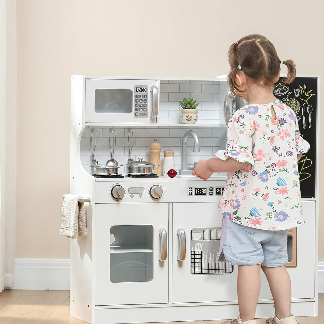AIYAPLAY Kinderküche Spielküche mit Spielzeug Telefon, Kreidetafel, Mikrowelle, Herd, Spüle, Puppenk