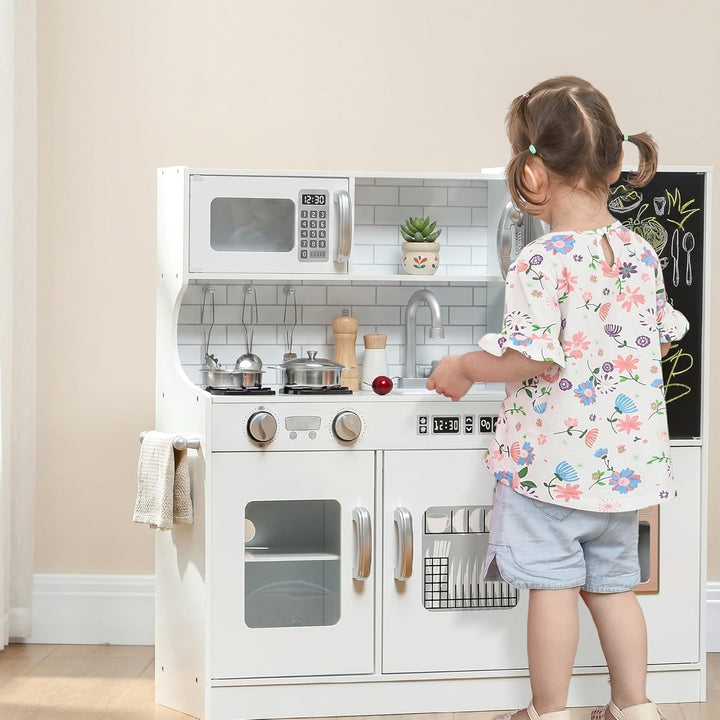 AIYAPLAY Kinderküche Spielküche mit Spielzeug Telefon, Kreidetafel, Mikrowelle, Herd, Spüle, Puppenk