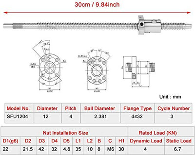 Duokon SFU1204 300mm Rolled Ballscrew, Kugelrollspindel Ballnut Anti-Backlash ohne seitliche Abstütz