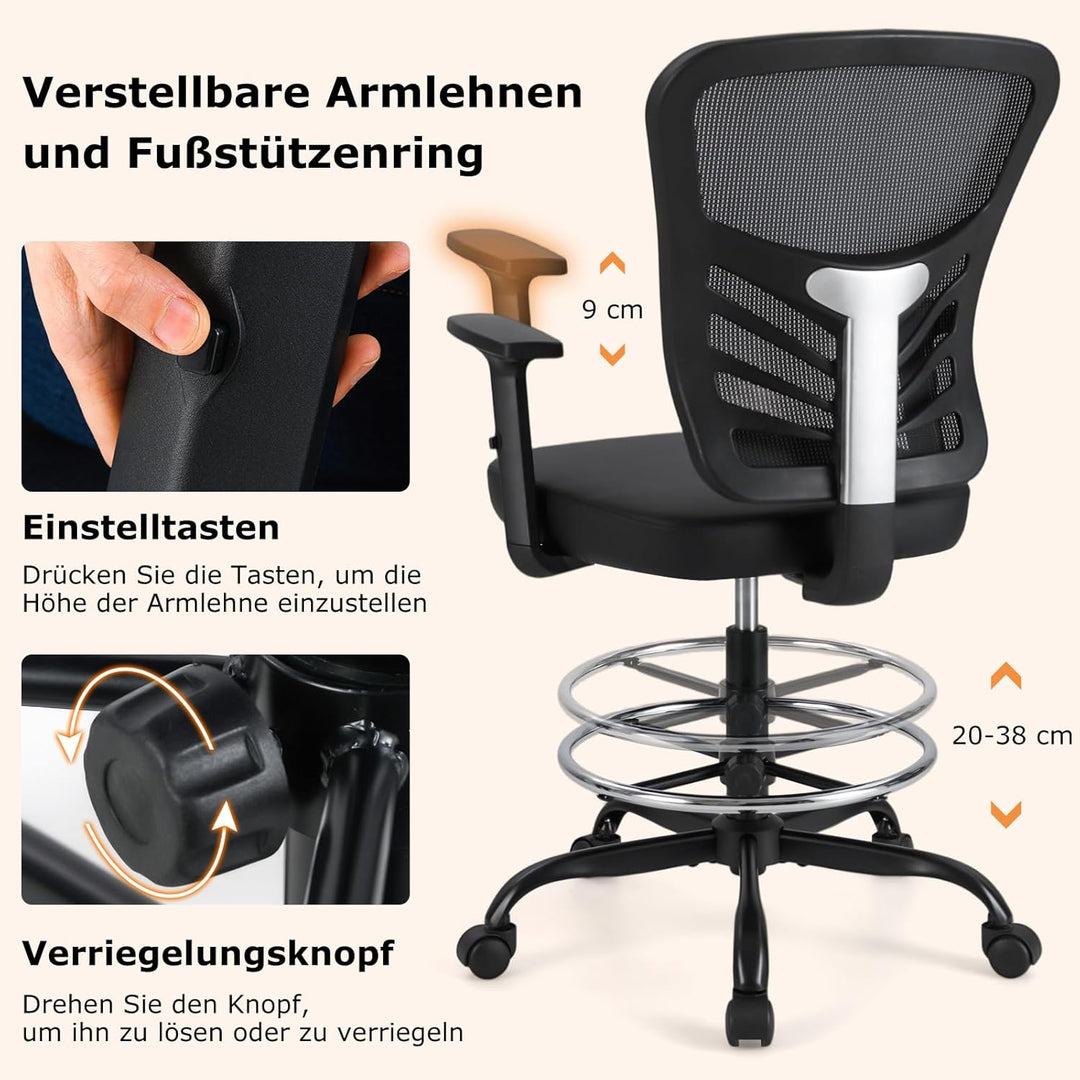 COSTWAY Arbeitsstuhl, Bürostuhl mit verstellbaren Armlehnen und Fussstütze, Sitzhöhe 54-75 cm, Hoher
