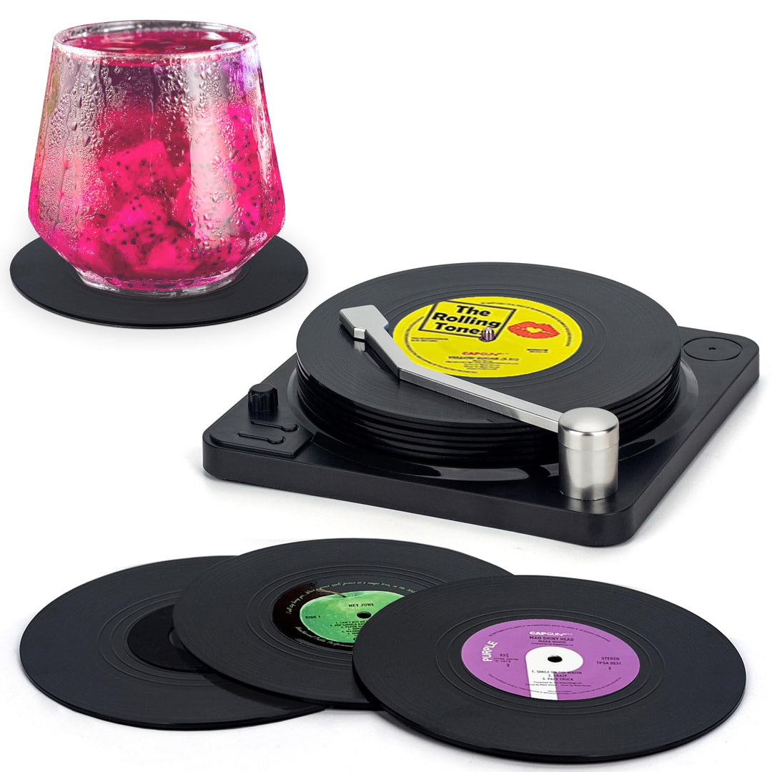 Valdivia Retro-Vinyl-Schallplatten Untersetzer mit Spieler, 6 Stück Untersetzer Gläser für Getränke,