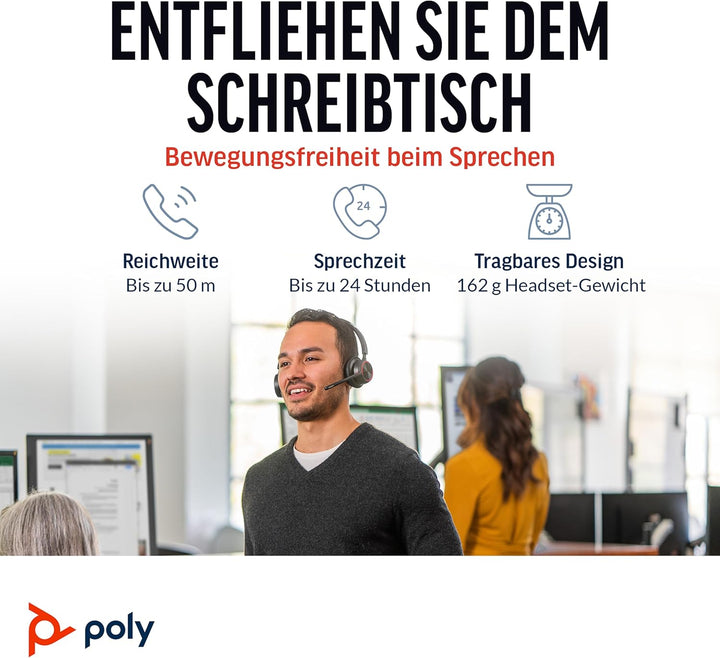 Schnurloses Poly Voyager 4320 UC-Headset – Stereo-Kopfhörer mit Noise Cancelling-Mikrofonarm – Verbi