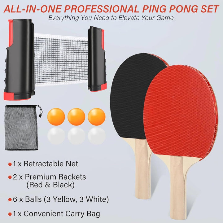 Tischtennisschläger Set, Tischtennis Set mit Netz, 2 Tischtennisschläger + Ausziehbares Mobiles Tisc