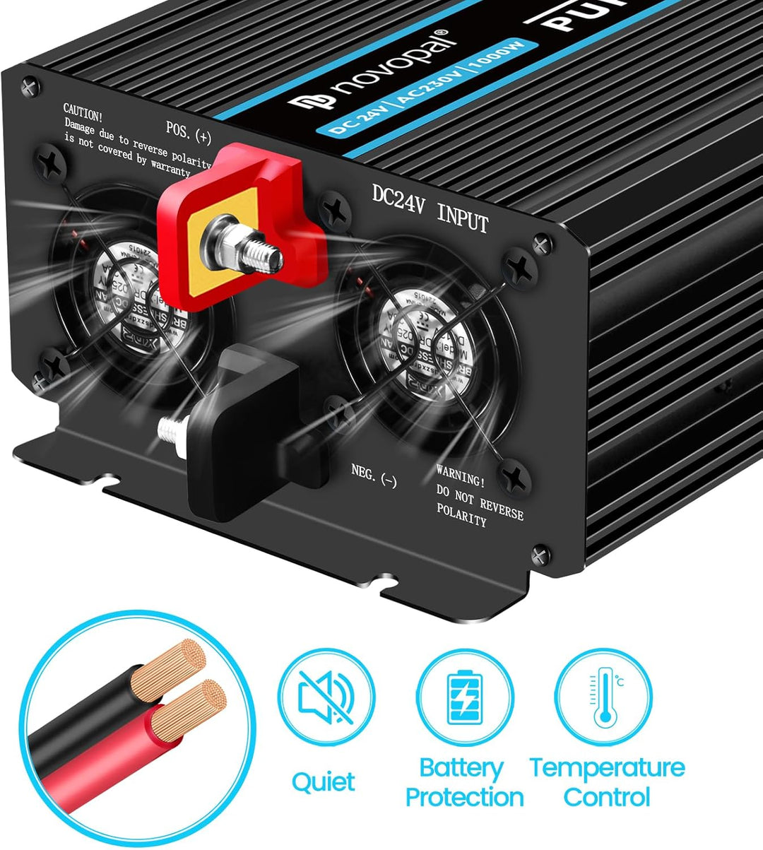 novopal 1000W Wechselrichter 24v Auf 230v Reiner Sinus Spannungswandler mit 2 EU-Steckdose und Einer