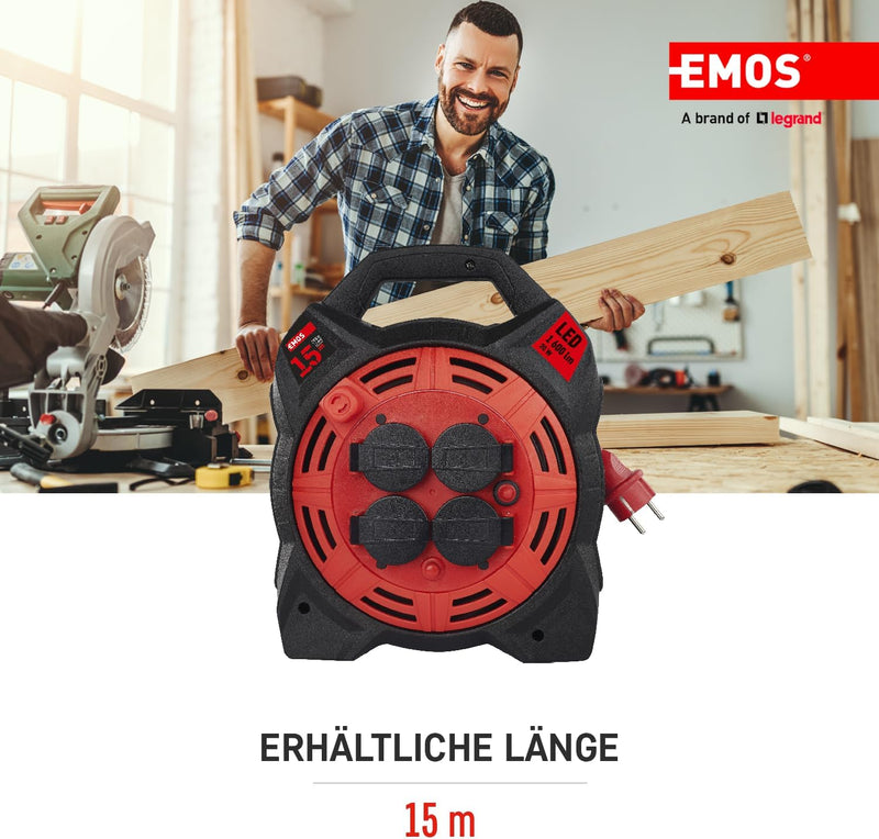 EMOS Kabeltrommel mit LED-Strahler, 15m Outdoor-Kabelbox Schuko und 20W Fluter, Neopren-Gummikabel H