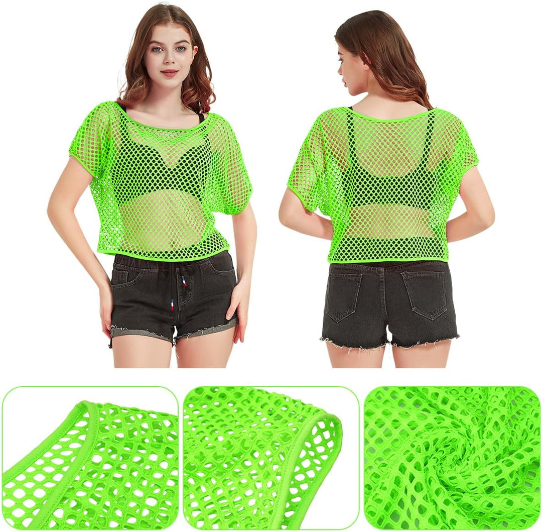 WILDPARTY 80er 90er Jahre Outfit Damen, Netzoberteil, Mesh Oberteil, Neon Shirt Aerobic Kostüm Sexy,