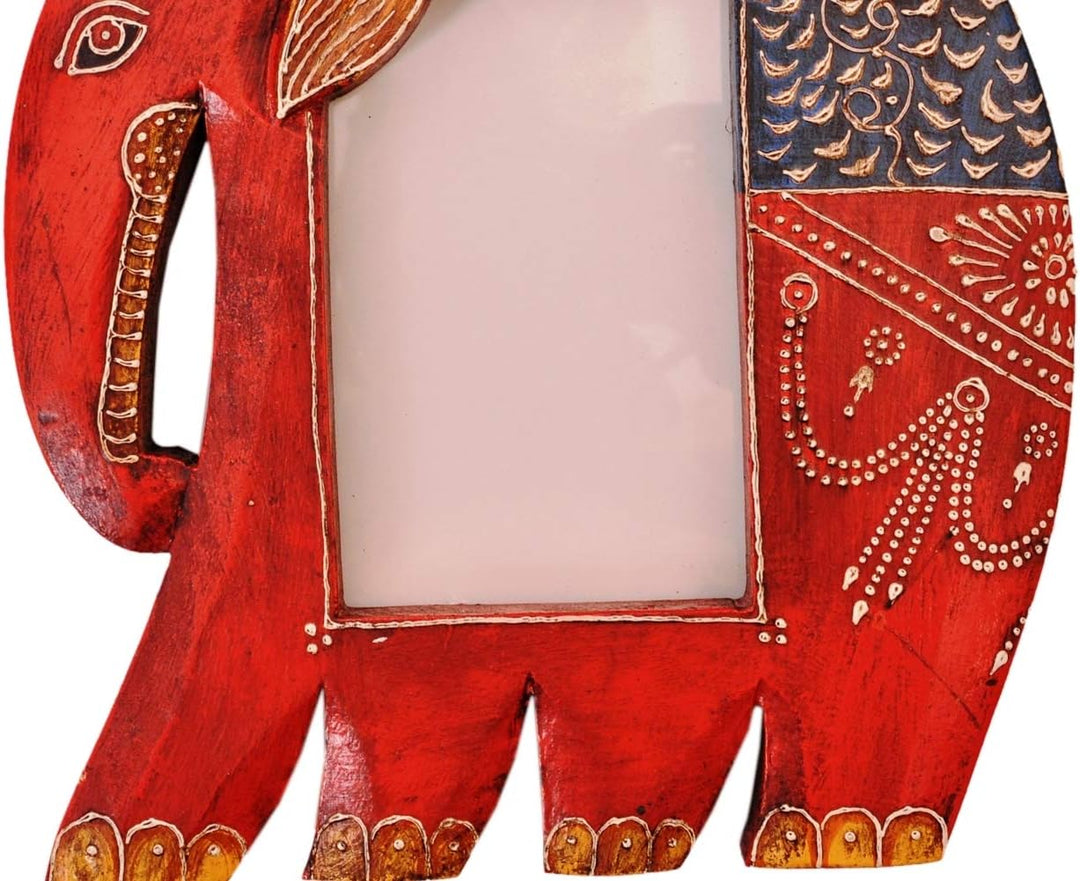 Purpledip Wooden Photoframe: Handpainted Elephant Shape Picture Frame (11365)