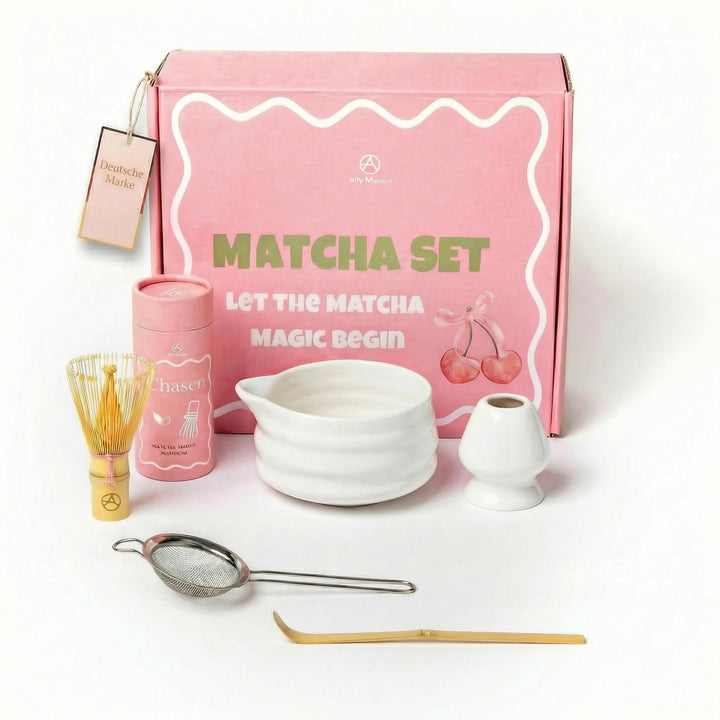 Design Matcha Set 5-teilig – Hochwertige Keramikschale mit Bambusbesen (Chasen) – Stilvolles Zubehör