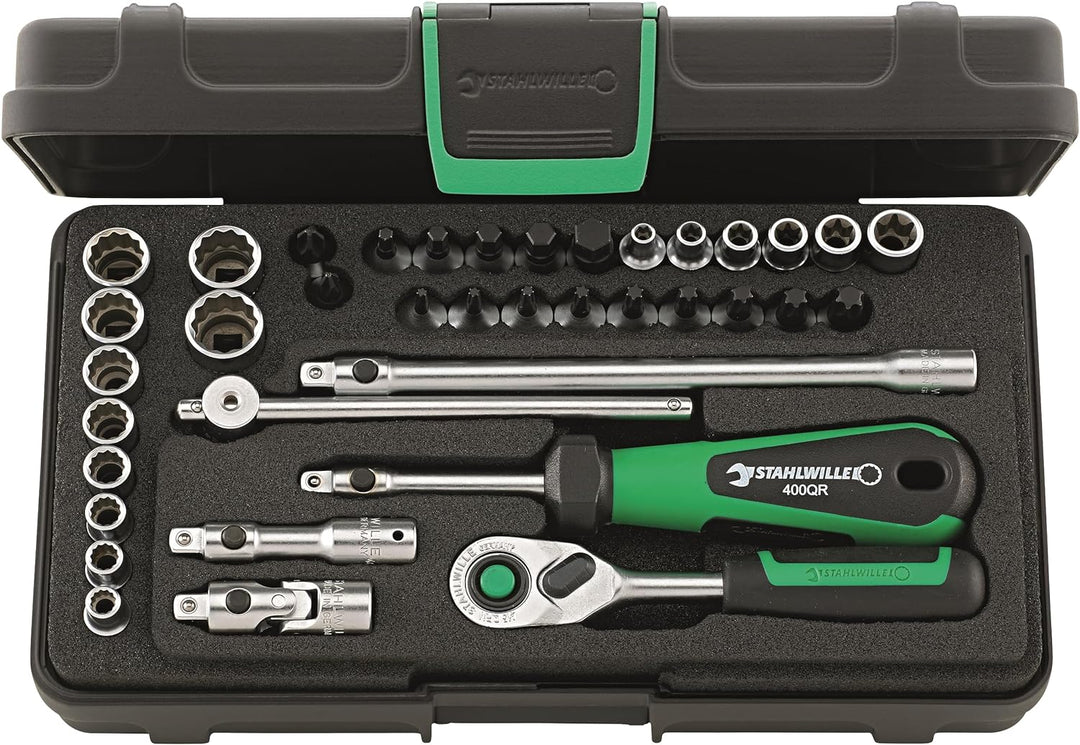 STAHLWILLE 1/4“ Steckschlüsselsatz 38-tlg. | mit QR-Ratsche, Verlängerung, TORX Nuss l Made in Germa