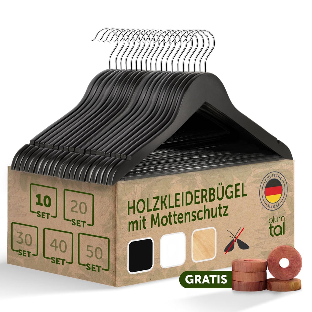 Blumtal Kleiderbügel Holz 10er Set - Holzbügel mit 360° drehbarem Metallhaken - Kleiderbügel Schwarz