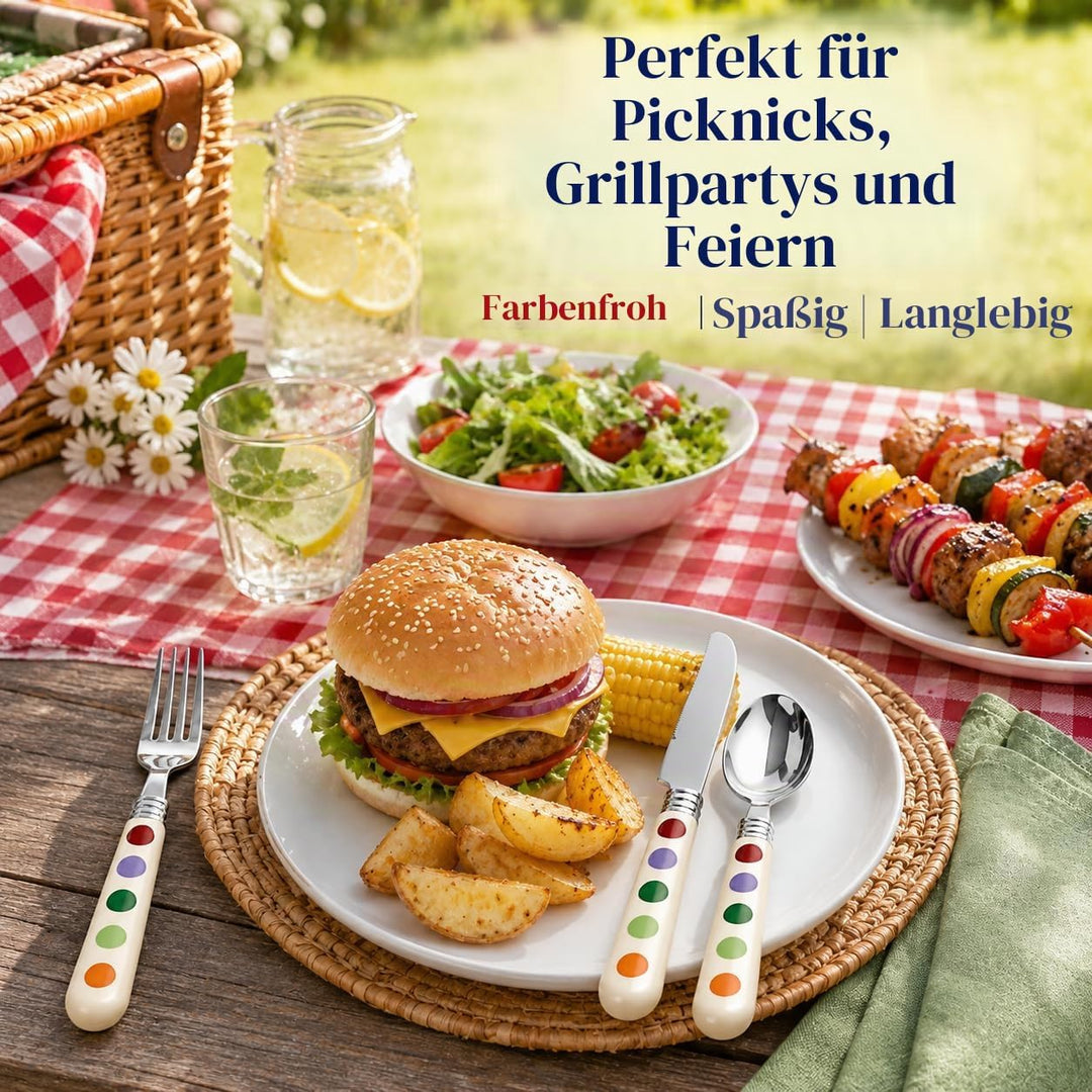 EXZACT Tupfen Besteck/edelstahlbesteck mit 16 Stücken - polka dots. Speisemesser x 4, Speisegabel x