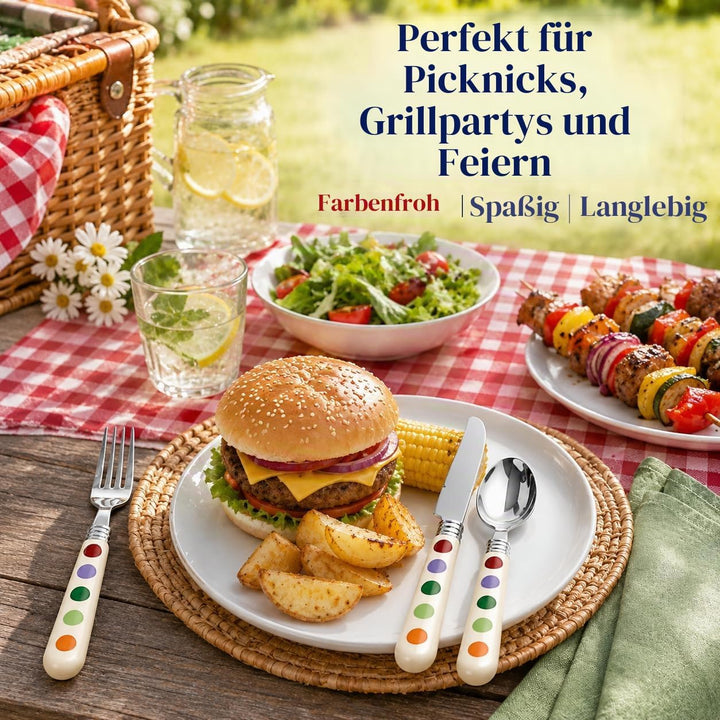 EXZACT Tupfen Besteck/edelstahlbesteck mit 16 Stücken - polka dots. Speisemesser x 4, Speisegabel x
