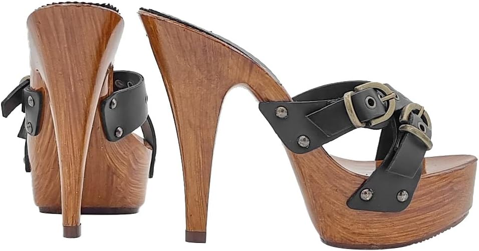 Kiara Shoes SCHWARZ Holzschuhe aus Leder - K9130 NERO (37 EU, SCHWARZ) 37 EU Schwarz, 37 EU Schwarz