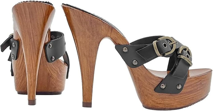 Kiara Shoes SCHWARZ Holzschuhe aus Leder - K9130 NERO (37 EU, SCHWARZ) 37 EU Schwarz, 37 EU Schwarz