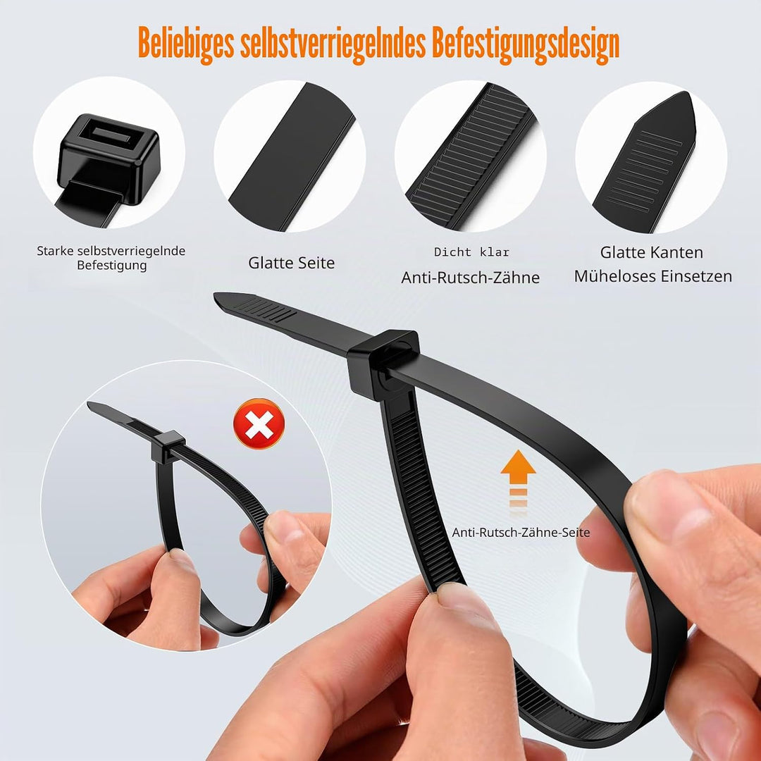 NORSHY Kabelbinder Schwarz Wiederverschliessbar 500 mm x 7,6 mm, Cable Ties UV-Beständig 75KG Ultra
