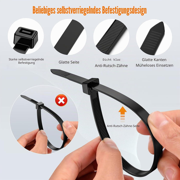 NORSHY Kabelbinder Schwarz Wiederverschliessbar 500 mm x 7,6 mm, Cable Ties UV-Beständig 75KG Ultra