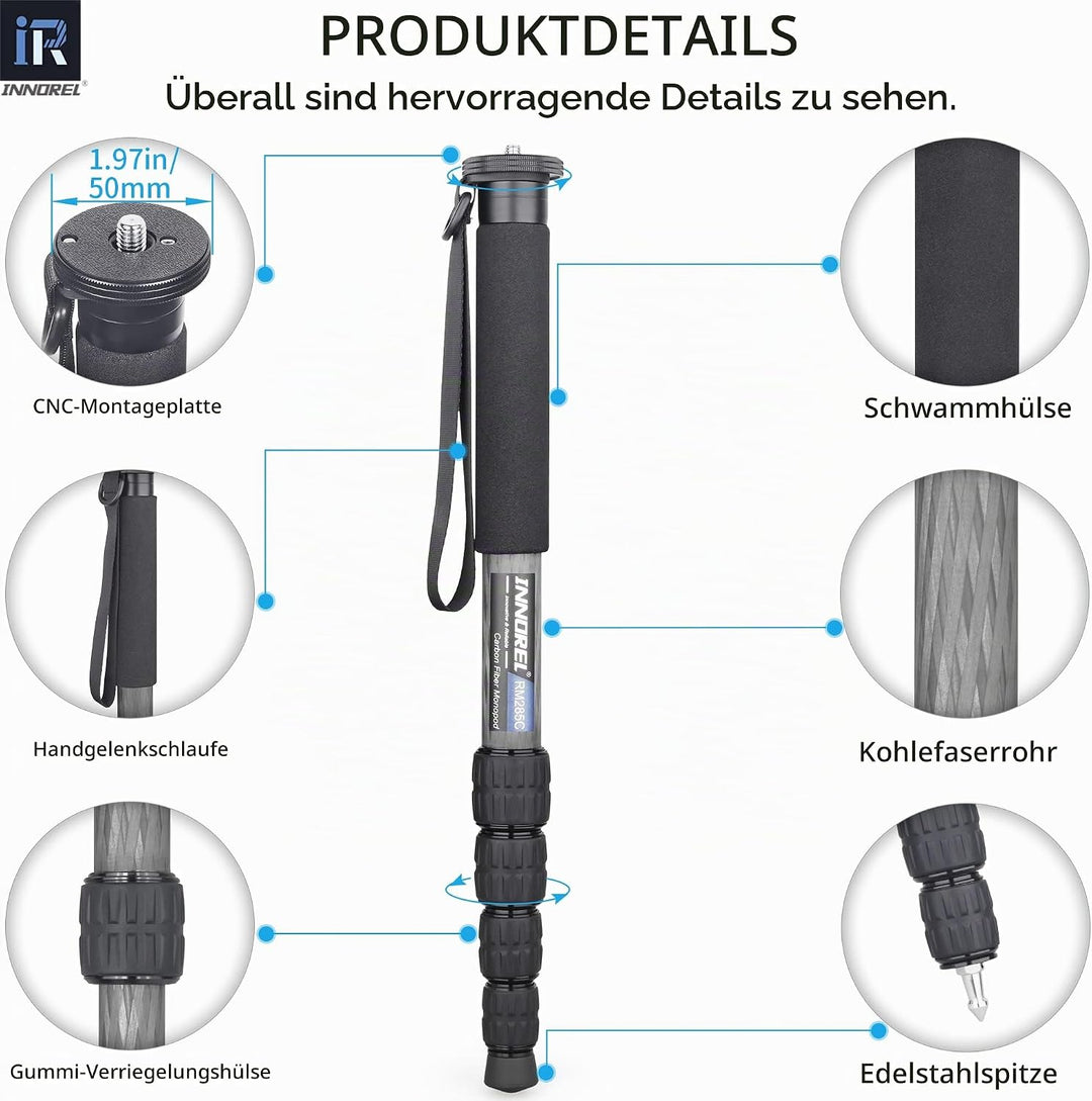 Kohlefaser-Kamera-Einbeinstativ INNOREL RM285C Professionelles, tragbares, leichtes Reise-Einbeinsta