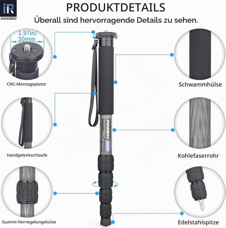 Kohlefaser-Kamera-Einbeinstativ INNOREL RM285C Professionelles, tragbares, leichtes Reise-Einbeinsta
