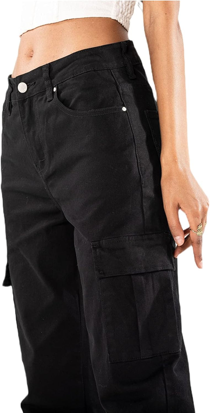 Q1885 Damen Cargo Jeans High Waist Cargohose Stretch Straight Leg Hose, S Schwarz (Q1885-1)
