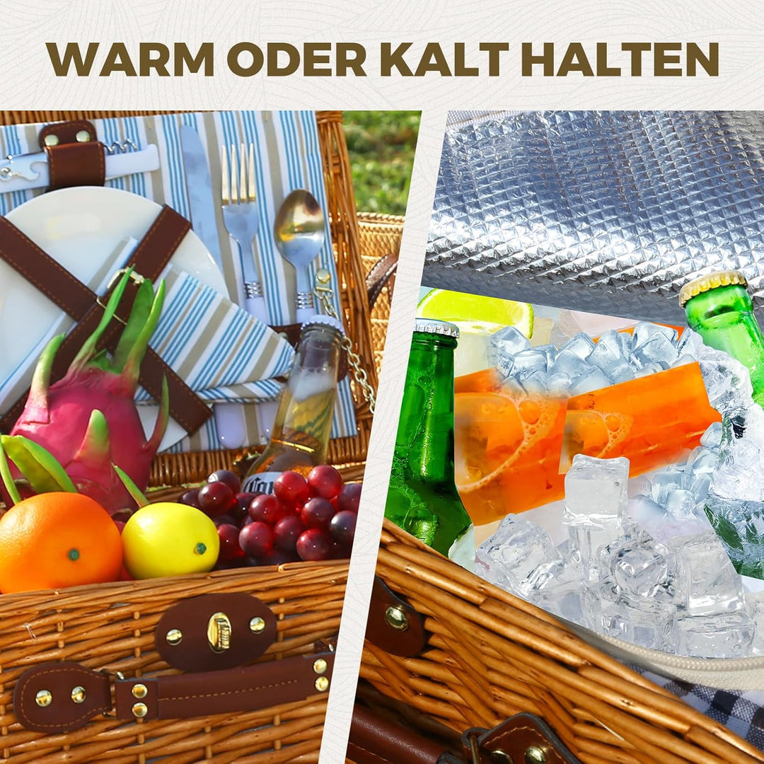 Picknickkorb Set für 2 Person mit Kühlfach, Abnehmbarer Riemen, Weinbeutel, Besteck Set, für Camping