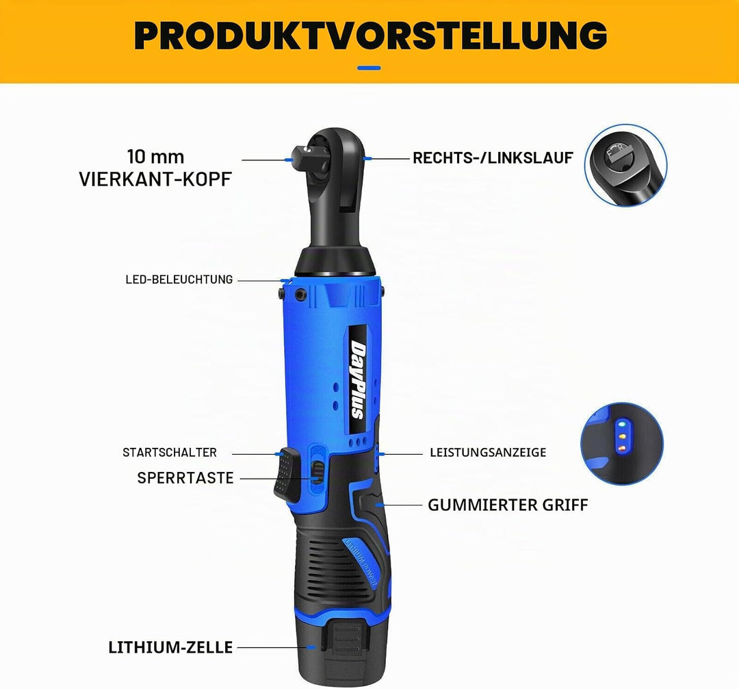 DayPlus 12V Akku-elektrischer Ratschenschlüssel Set mit 2 x 1.5Ah Li-Ionen Batterien und Schnelllade
