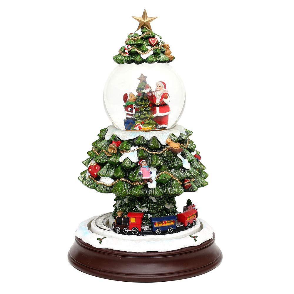 Dekohelden24 XXL Schneekugel, Weihnachtsbaum mit Eisenbahn und Schneewirbel, L/H/B 17 x 17 x 27,5 cm